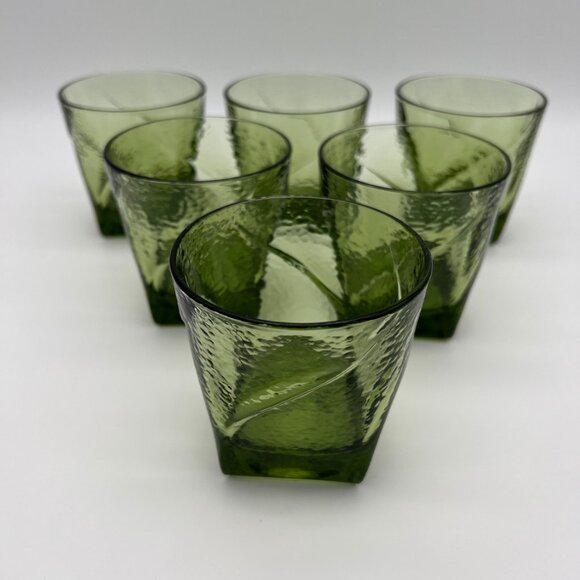 Vintage MCM Hazel-Atlas Pebblestone Green Flat Juice Whiskey Glasses - Set of 6 - Picture 1 of 8
